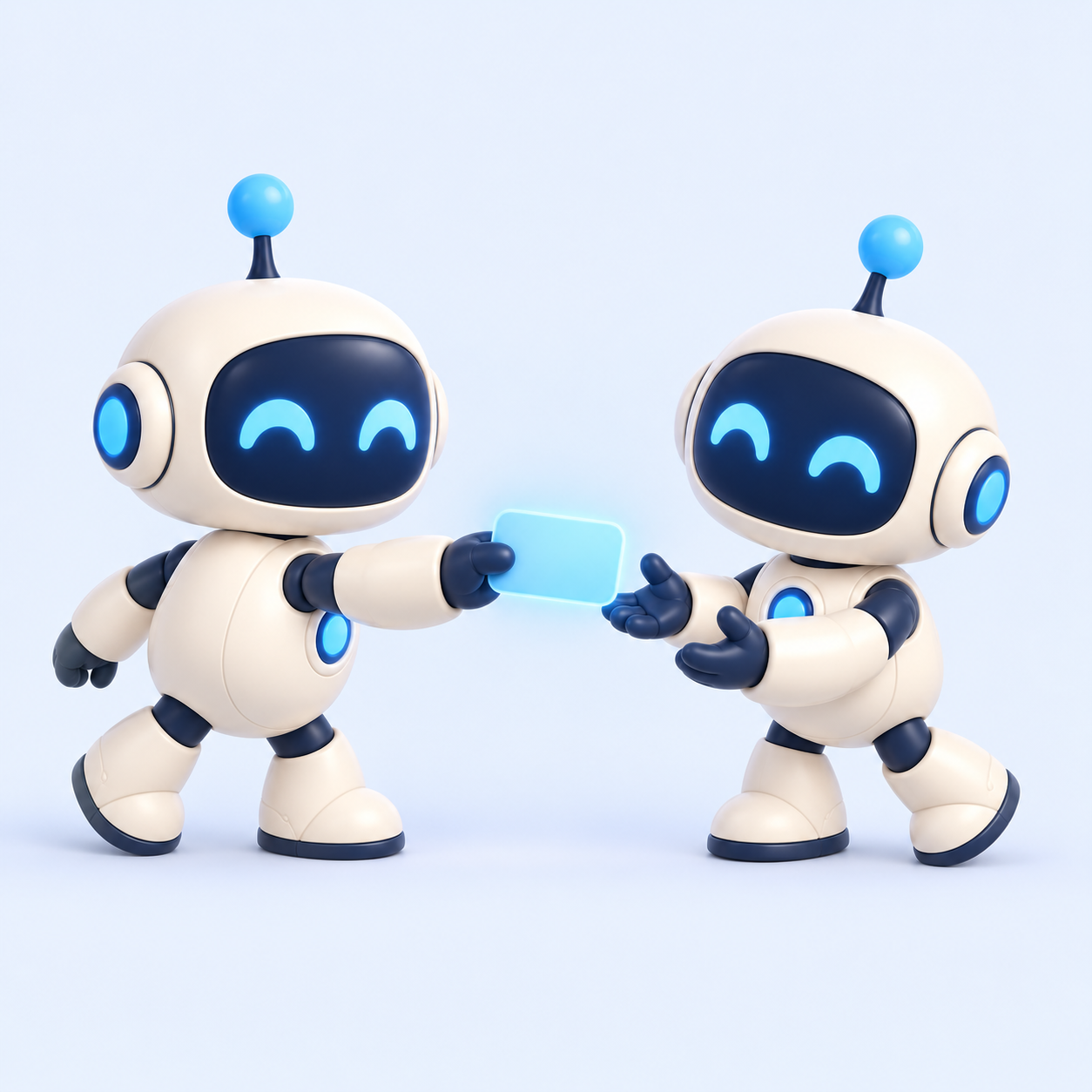 Two AI agents handing a glowing task forward